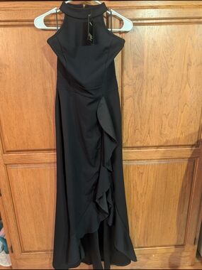 Sleeveless Black Halter Maxi Dress with Front Ruffle